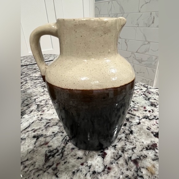 Two Antique Stoneware Cream/Brown Crock Rustic Farmhouse Milk Pitcher 6” - Picture 8 of 11